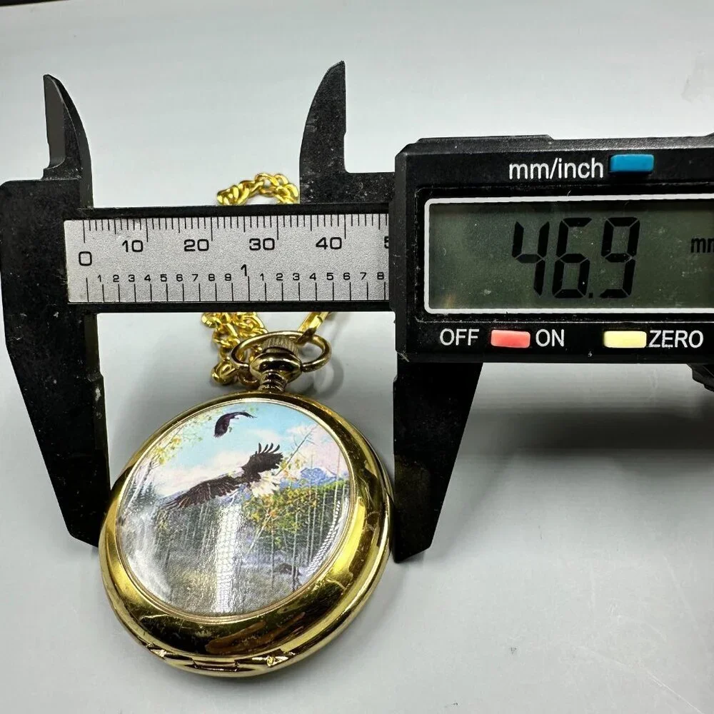 3/$30 Wildlife Eagle Moose Pocket Watch Gold Tone Front Case Chain 46mm